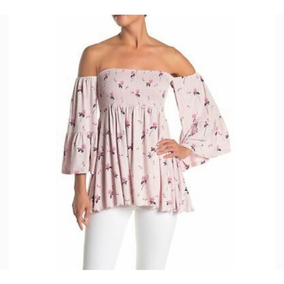 FREE PEOPLE Lana Off The Shoulder Pink Lilac Floral Bell Sleeves Tunic - Picture 1 of 7